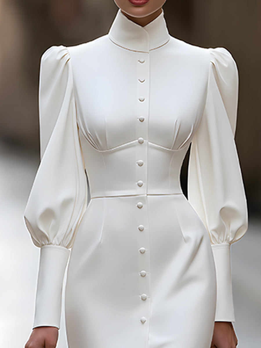 High-Neck Puff-Sleeve Button-Front Midi Dress