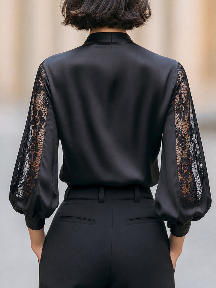 Lace Inset Satin Mock Neck Blouse