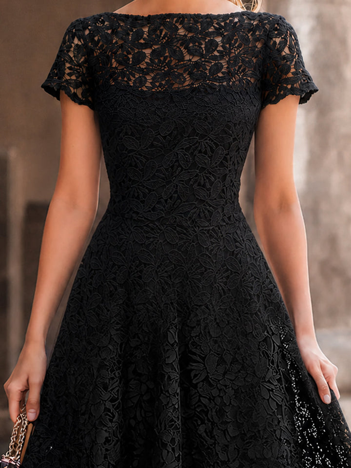 Elegant Floral Lace Boat Neck A-Line Midi Dress