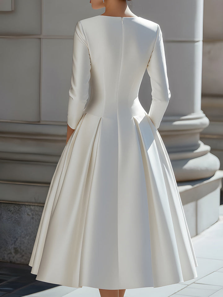 Elegant Satin V-Neck Pleated A-Line Midi Dress