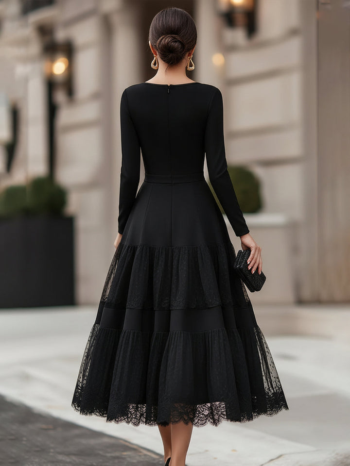 Long Sleeve Tiered Lace Hem Maxi Dress