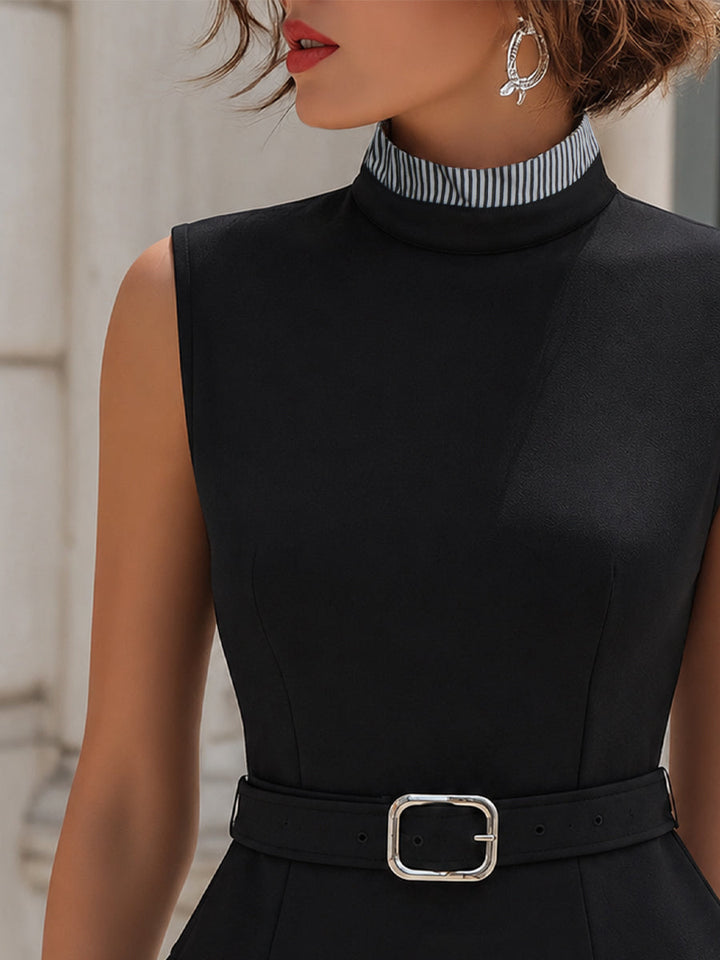 Contrast Stripe High-Neck Belted Structured Top