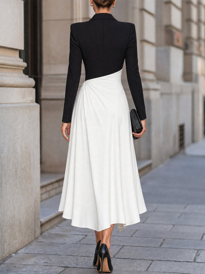 Two-Tone Blazer-Inspired Draped Midi Dress