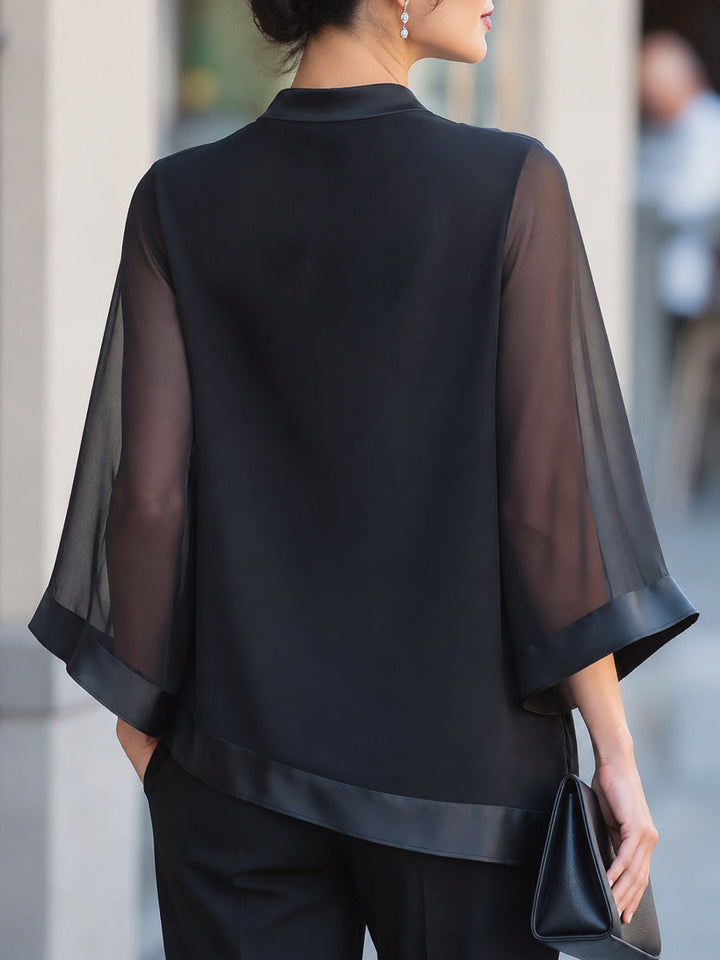 Sheer Flared Sleeve Cowl Neck Blouse With Satin Trim