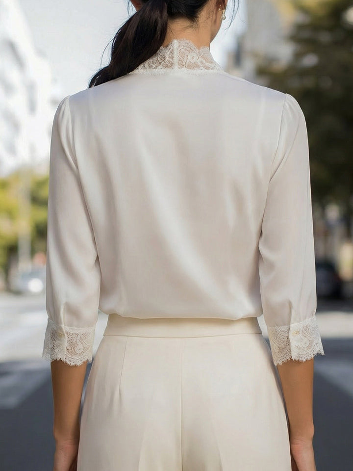Lace-Trimmed V-Neck Chiffon Button-Up Blouse