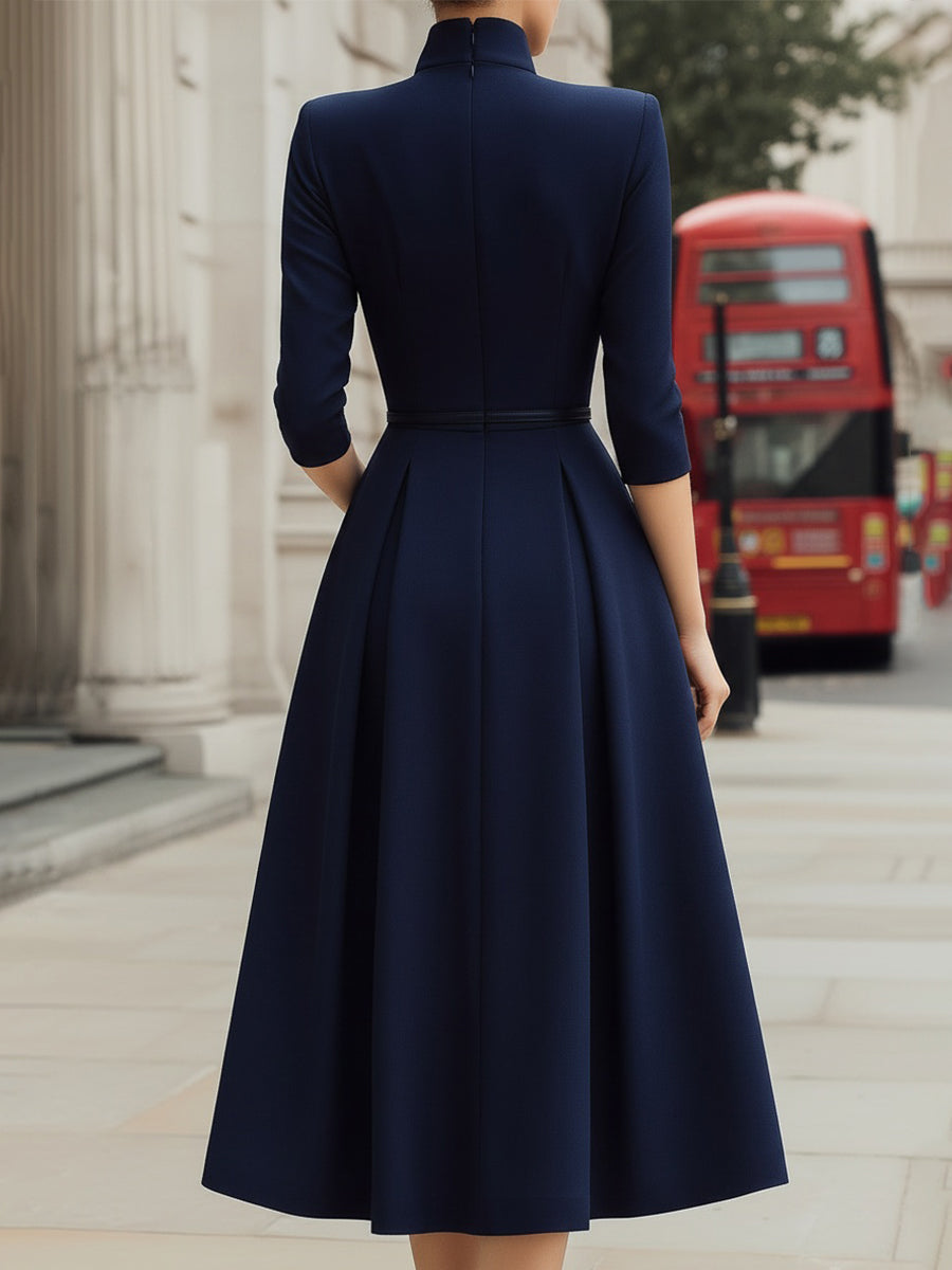 Structured Notch Neck Belted Midi Dress