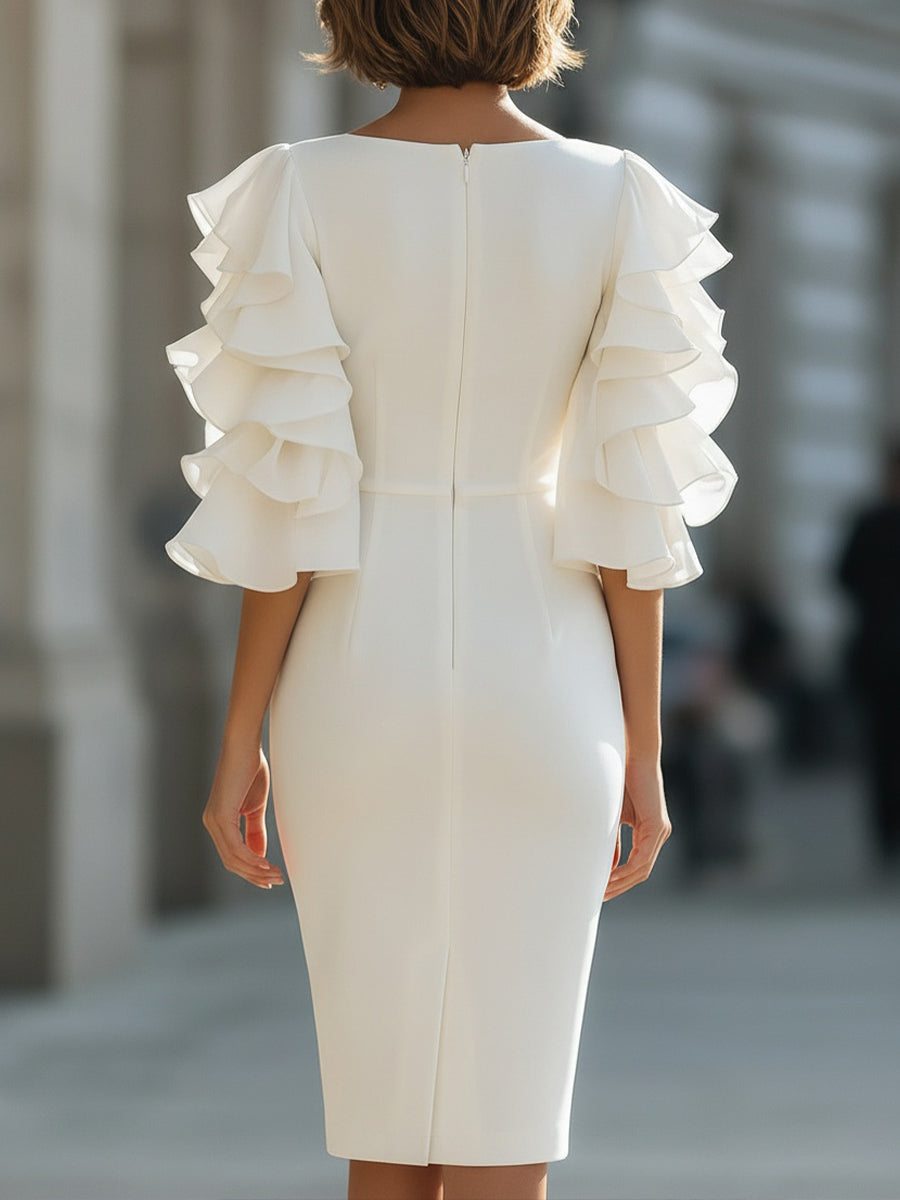 White Dress With Ruffled Sheer Sleeves