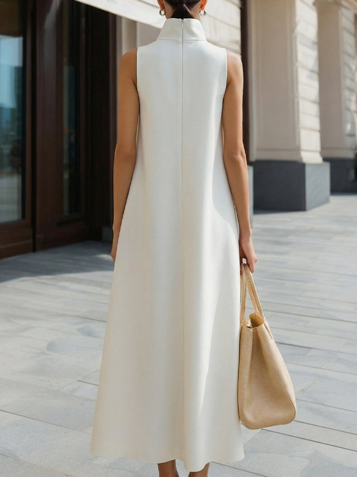 Asymmetric High-Neck Flowing A-Line Maxi Dress