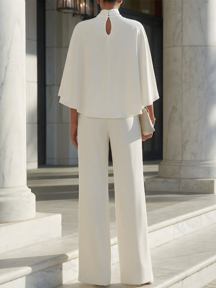 Cape-Sleeve High-Neck Blouse & Slit Wide-Leg Trousers Set