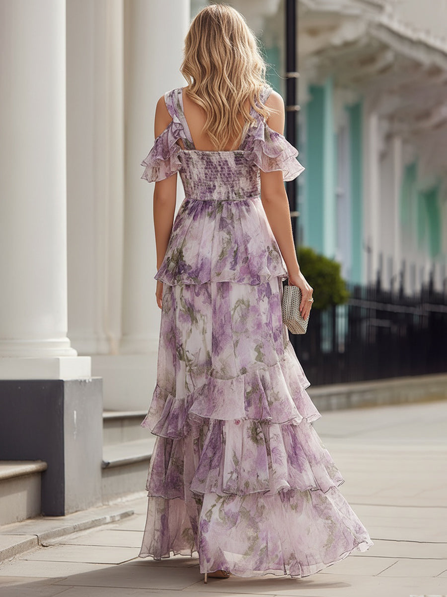 Cold Shoulder Floral Tiered Maxi Dress