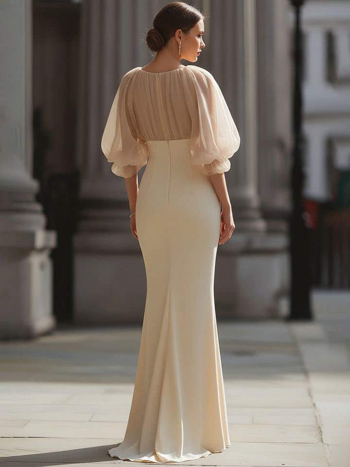 Gathered Sheer Sleeve Mermaid Evening Dress