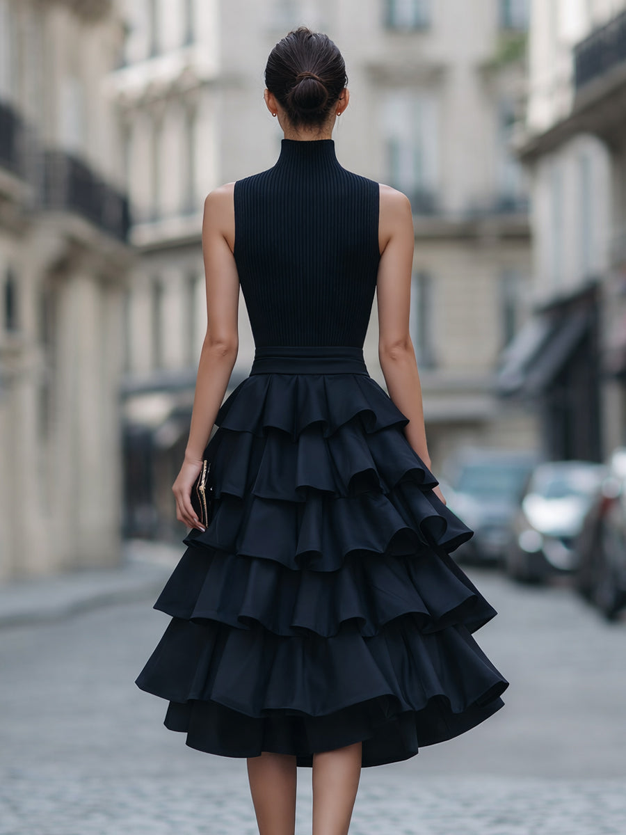Sleeveless High Neck Tiered Ruffle Midi Dress