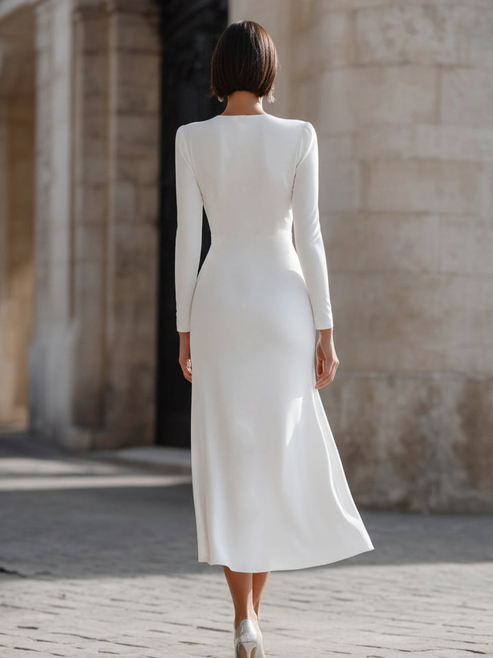 Ruched V-Neck Long Sleeve Midi Dress
