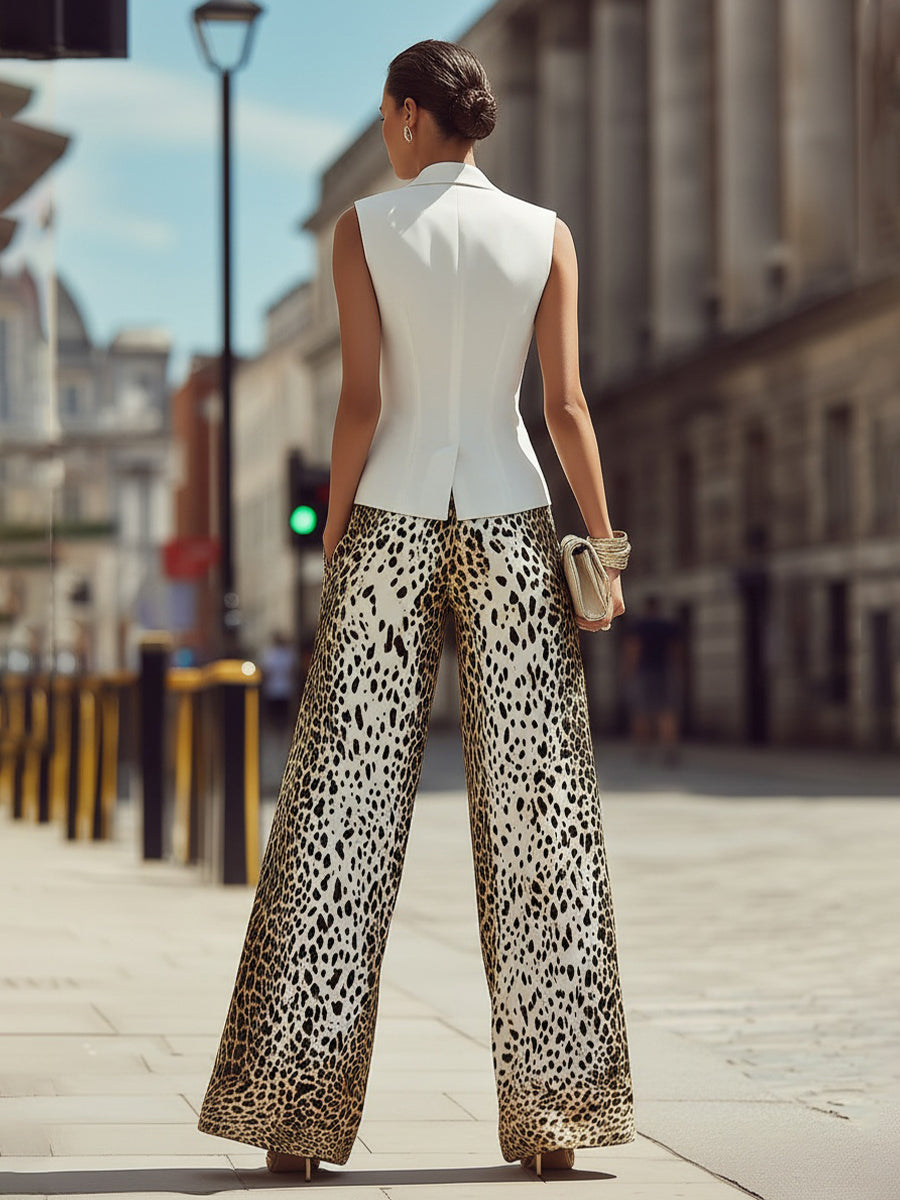Sleeveless Tailored Vest & Printed Wide-Leg Trouser Set