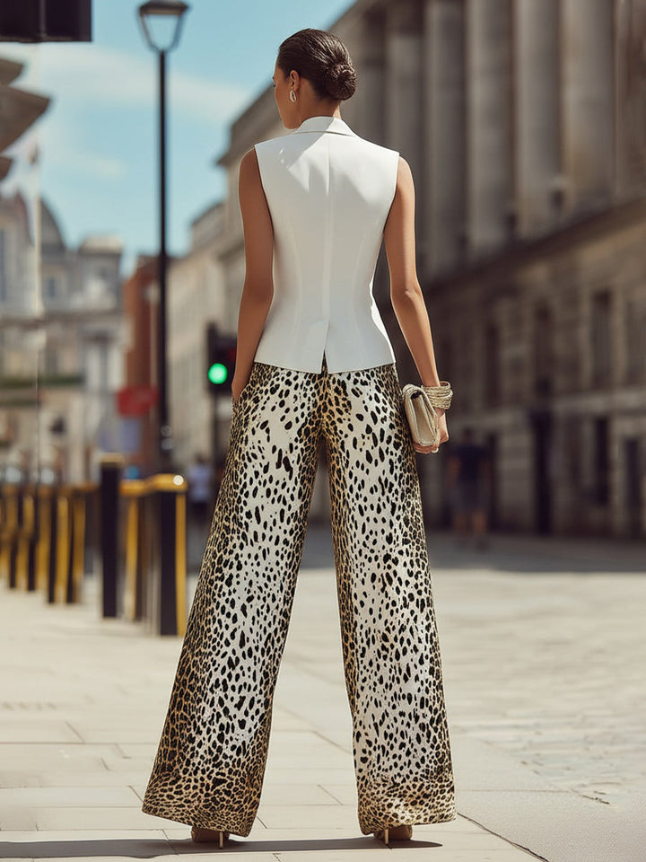 Sleeveless Tailored Vest & Printed Wide-Leg Trouser Set
