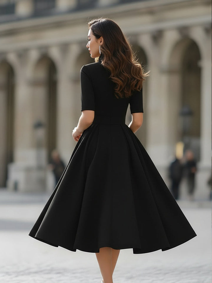 Elegant V-Neck Tailored A-Line Midi Dress
