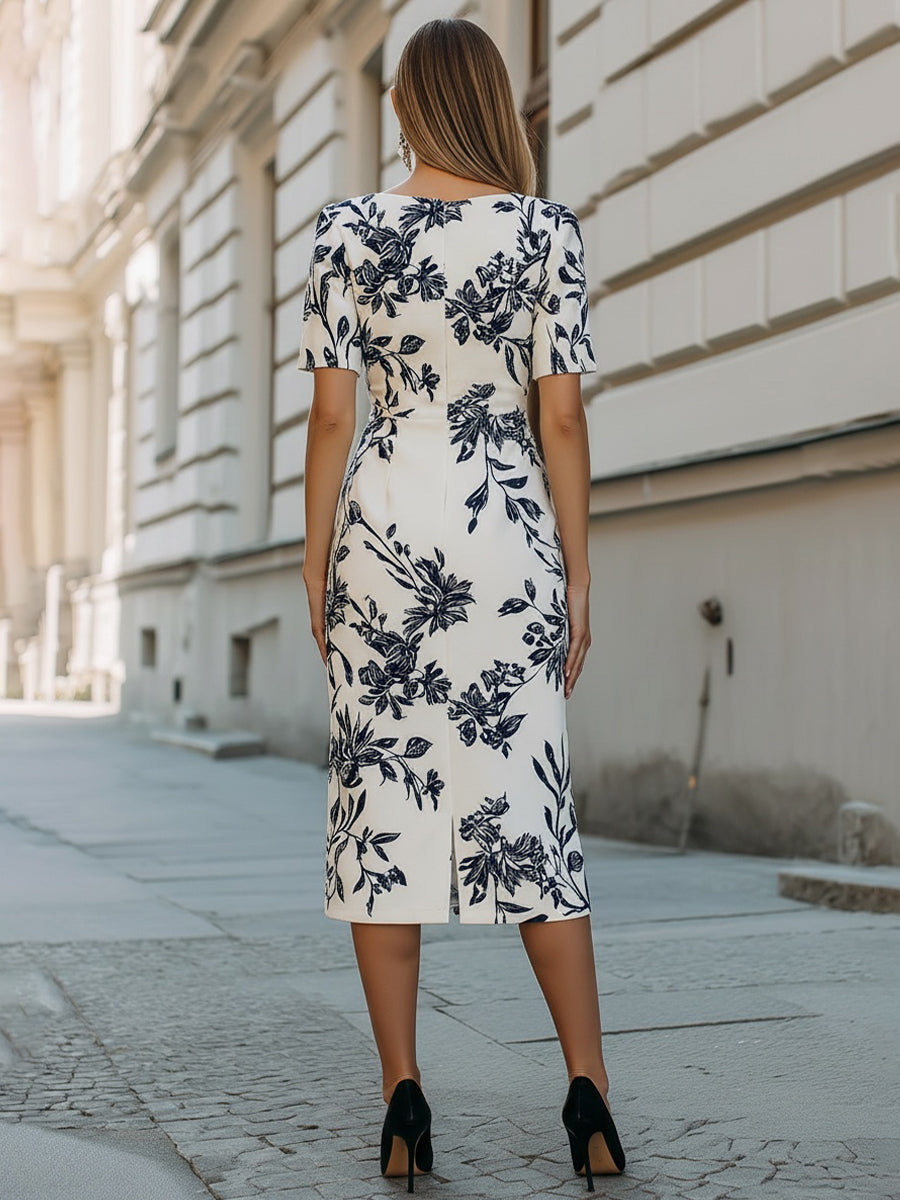Botanical Print Short Sleeve Midi Dress