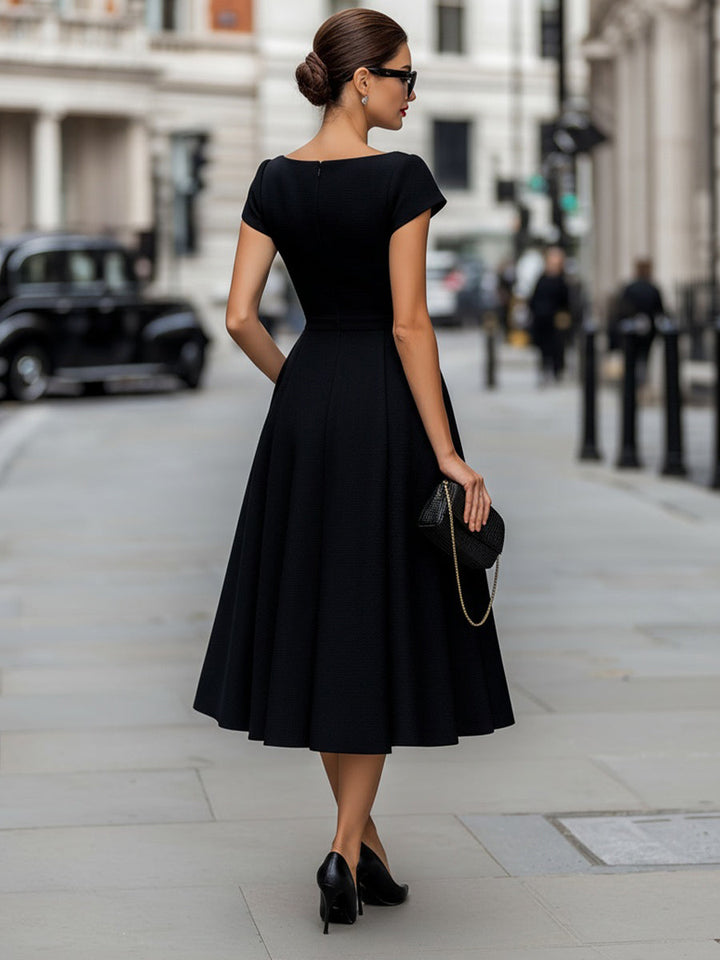 V-Neck Cap Sleeve A-Line Midi Dress