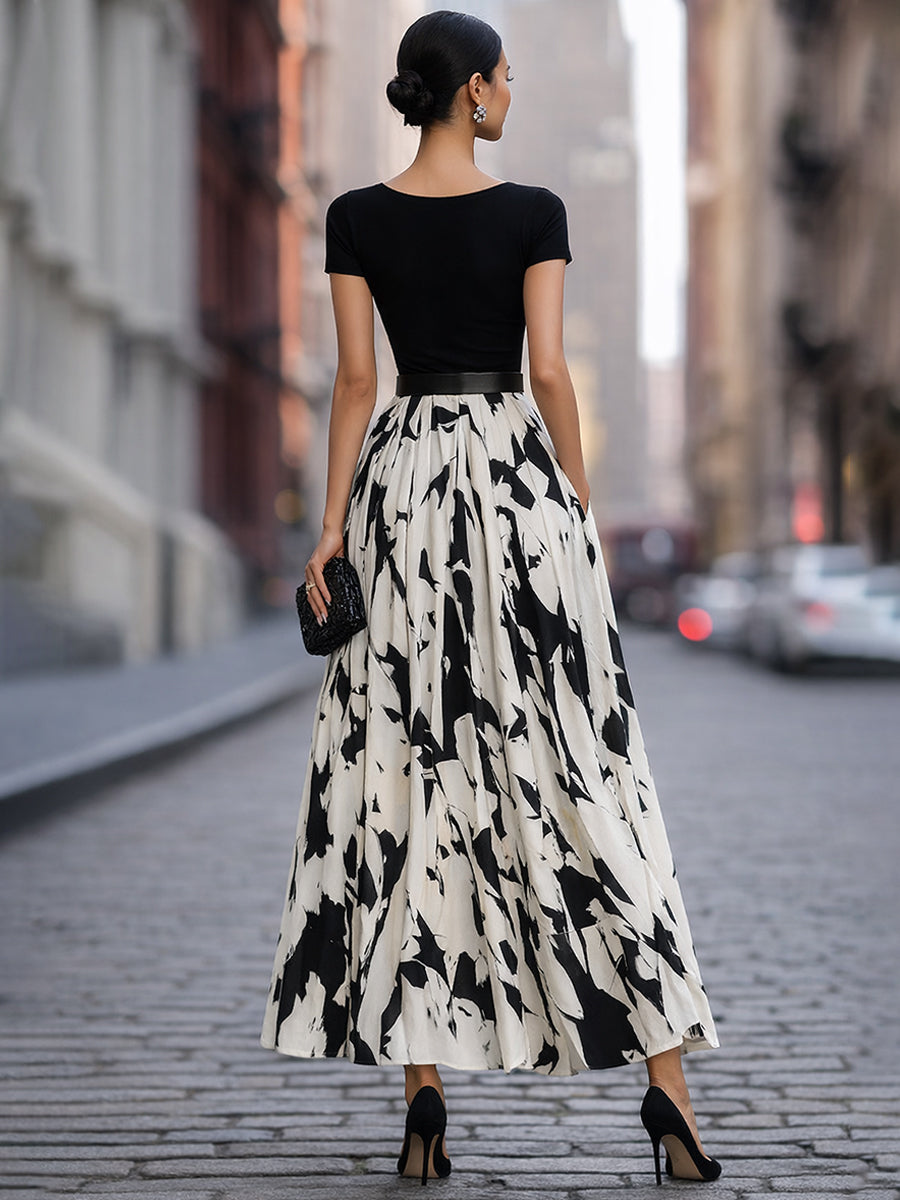 Abstract Print Pleated Maxi Dress