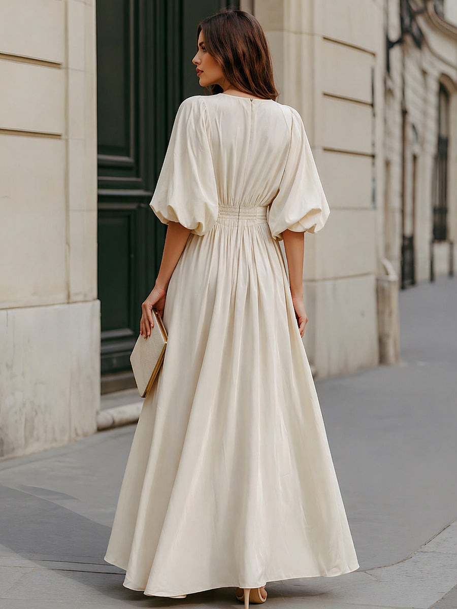Round Neck Puff Sleeve Gathered Waist Maxi Dress