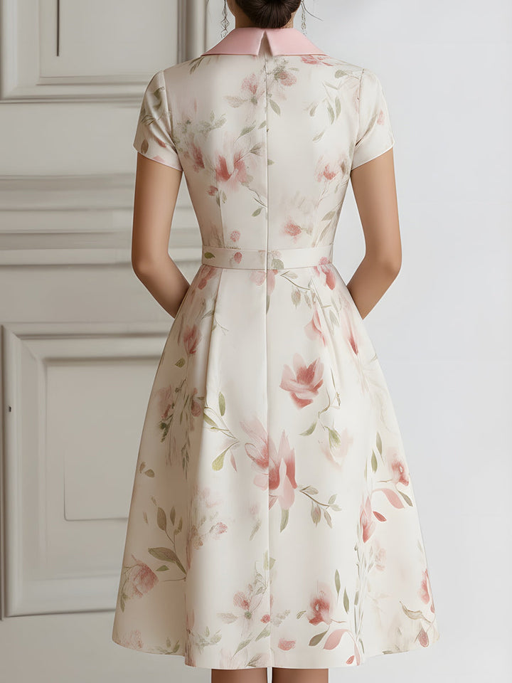 Floral Lapel Short Sleeve Midi Dress With Tailored Waist