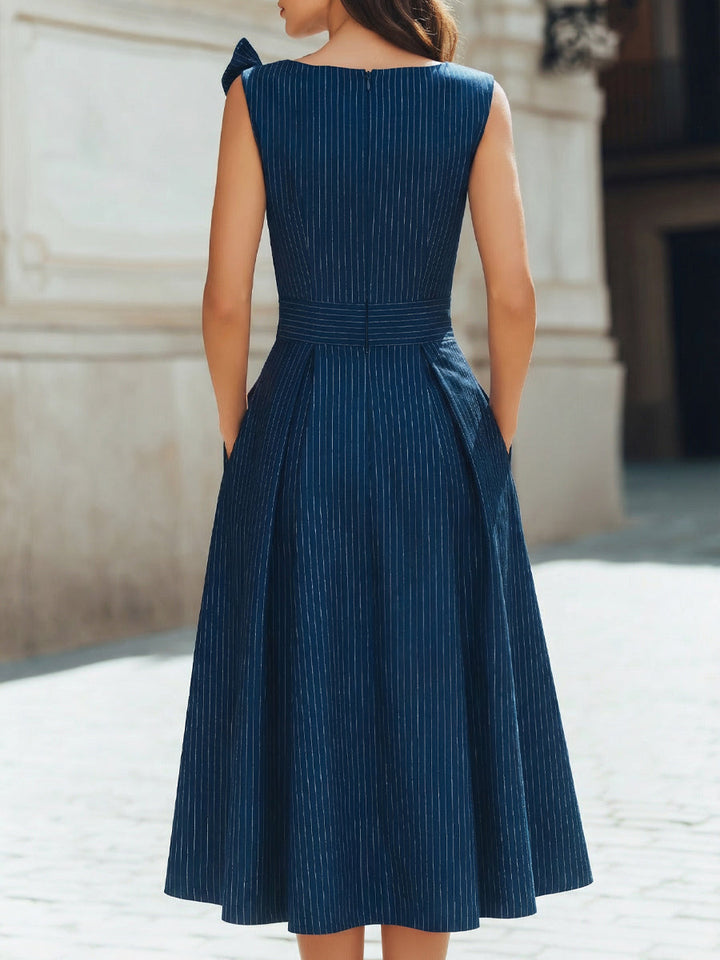 Bow Shoulder Pinstripe A-Line Midi Dress