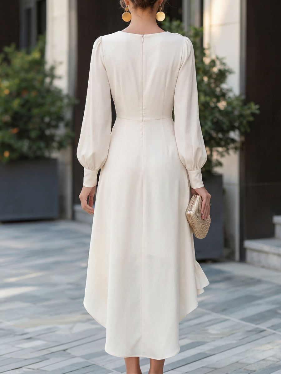 Elegant Ruffle-Trim Asymmetric High-Low Midi Dress