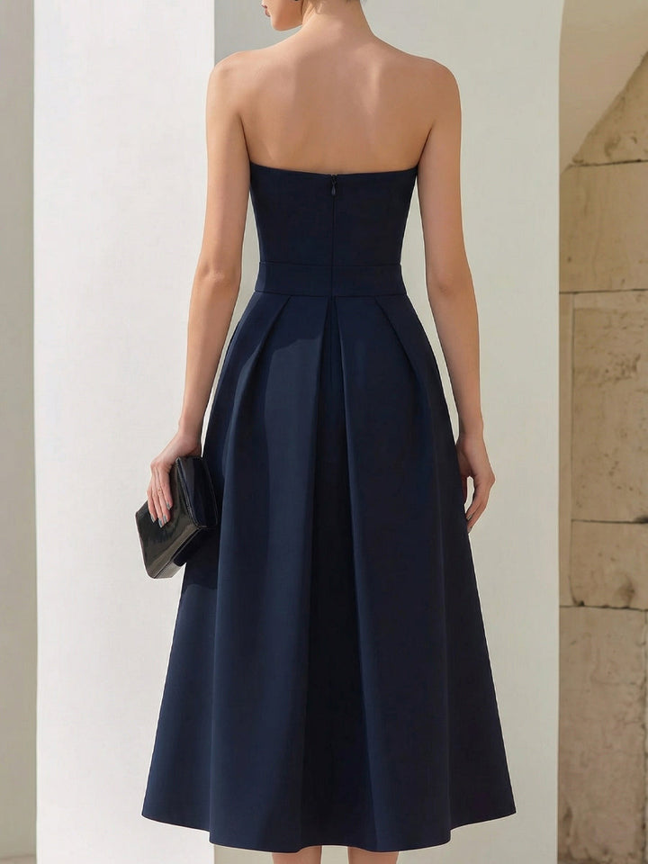 Strapless Structured A-Line Pleated Midi Dress
