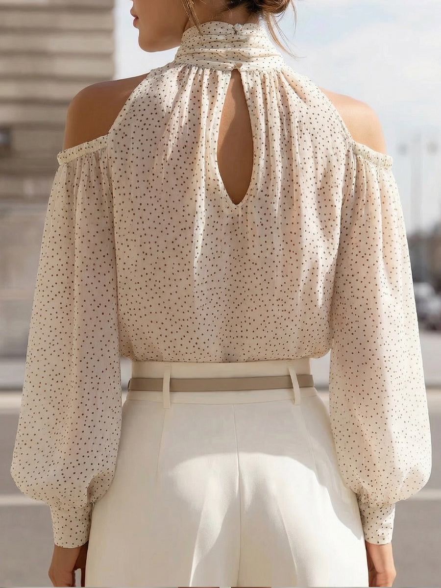 Polka Dot Cold-Shoulder Chiffon Blouse With Scarf Tie
