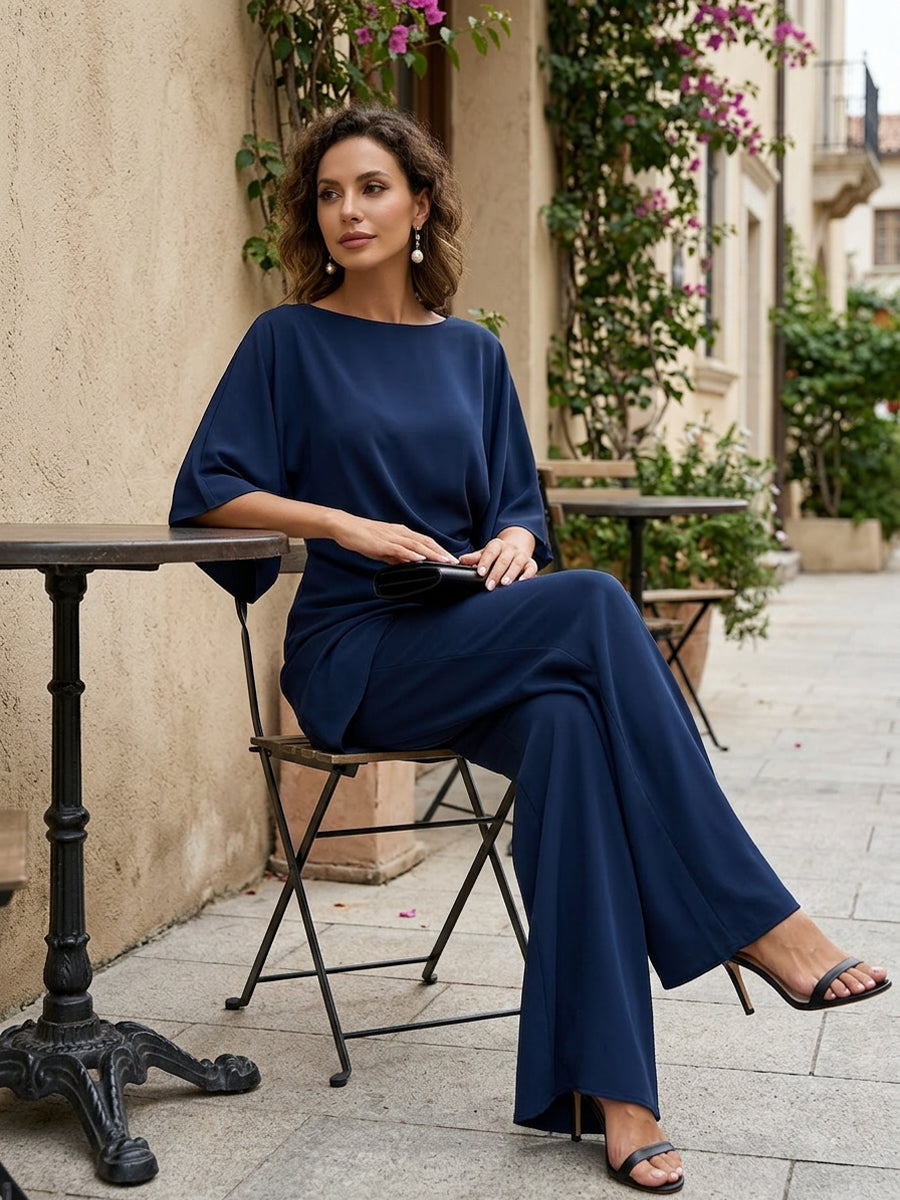 Draped Waist Blouse And Wide-Leg Pants Two-Piece Set
