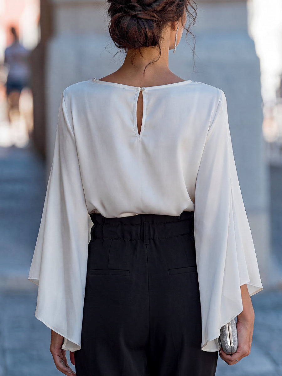 Elegant Boat Neck Flared Sleeve Satin Blouse