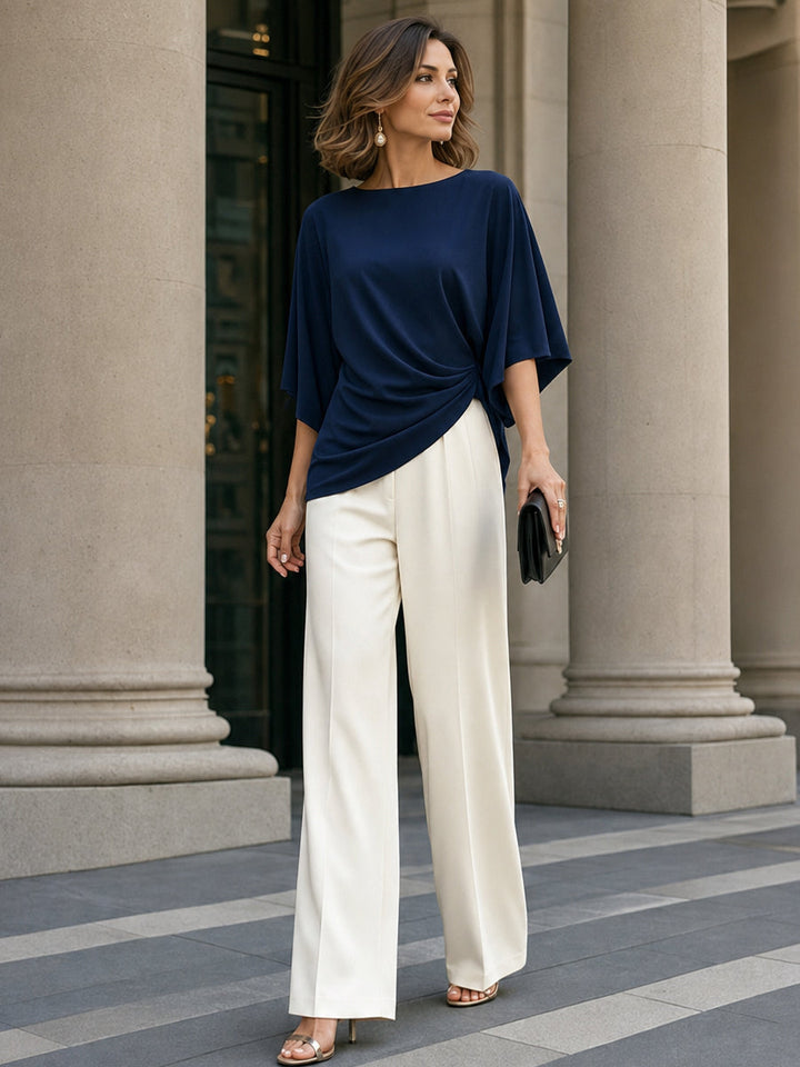 Draped Waist Blouse And Wide-Leg Pants Two-Piece Set