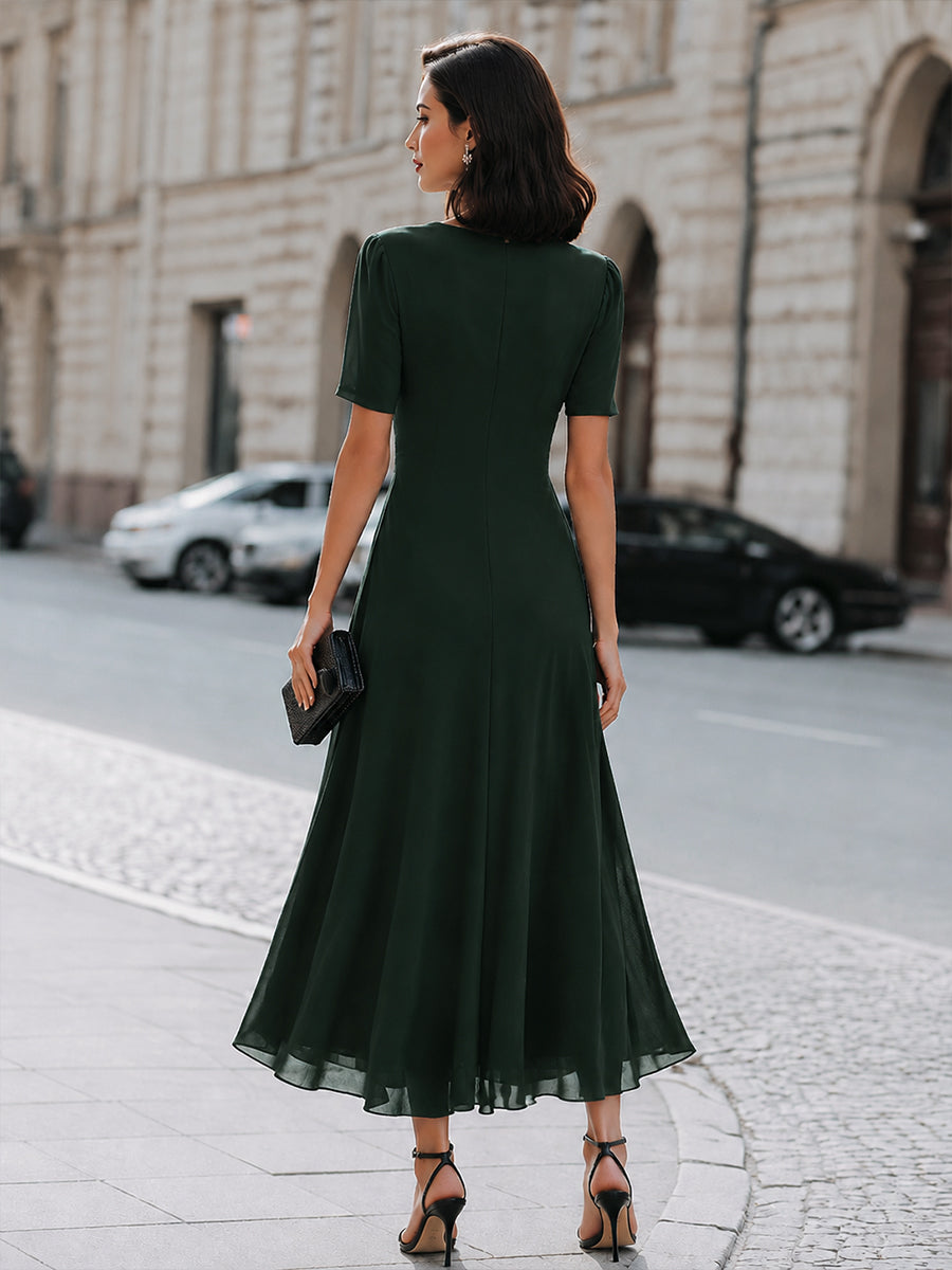 V-Neck Wrap-Style Midi Dress With Waist Draping Detail