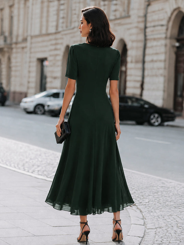 V-Neck Wrap-Style Midi Dress With Waist Draping Detail
