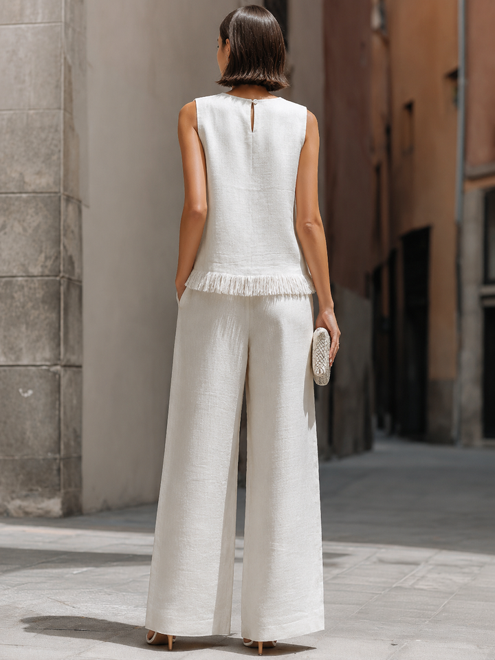 Sleeveless Textured Top And Wide-Leg Pants Set With Frayed Hem Detail