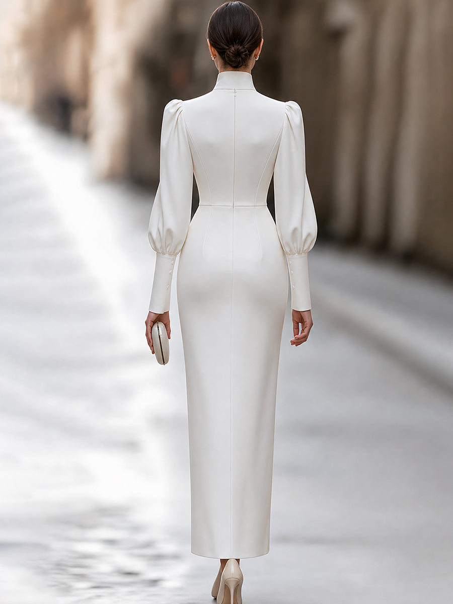 High-Neck Puff-Sleeve Button-Front Midi Dress