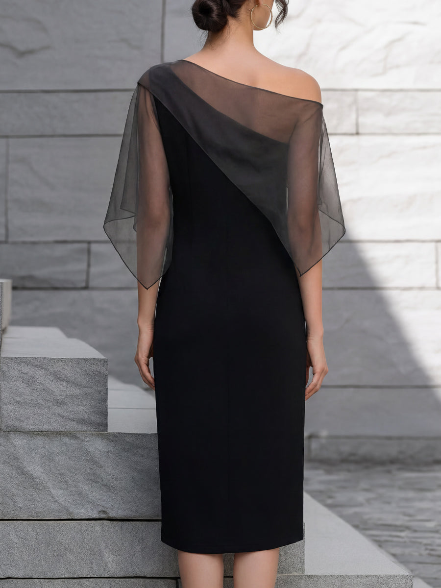 Sheer Overlay Asymmetrical One-Shoulder Midi Dress