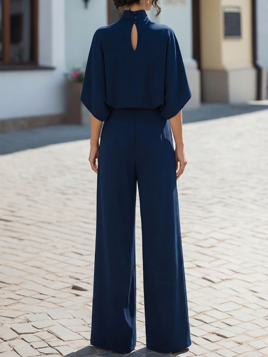 Minimalist High-Neck Draped Blouse & Wide-Leg Trouser Set