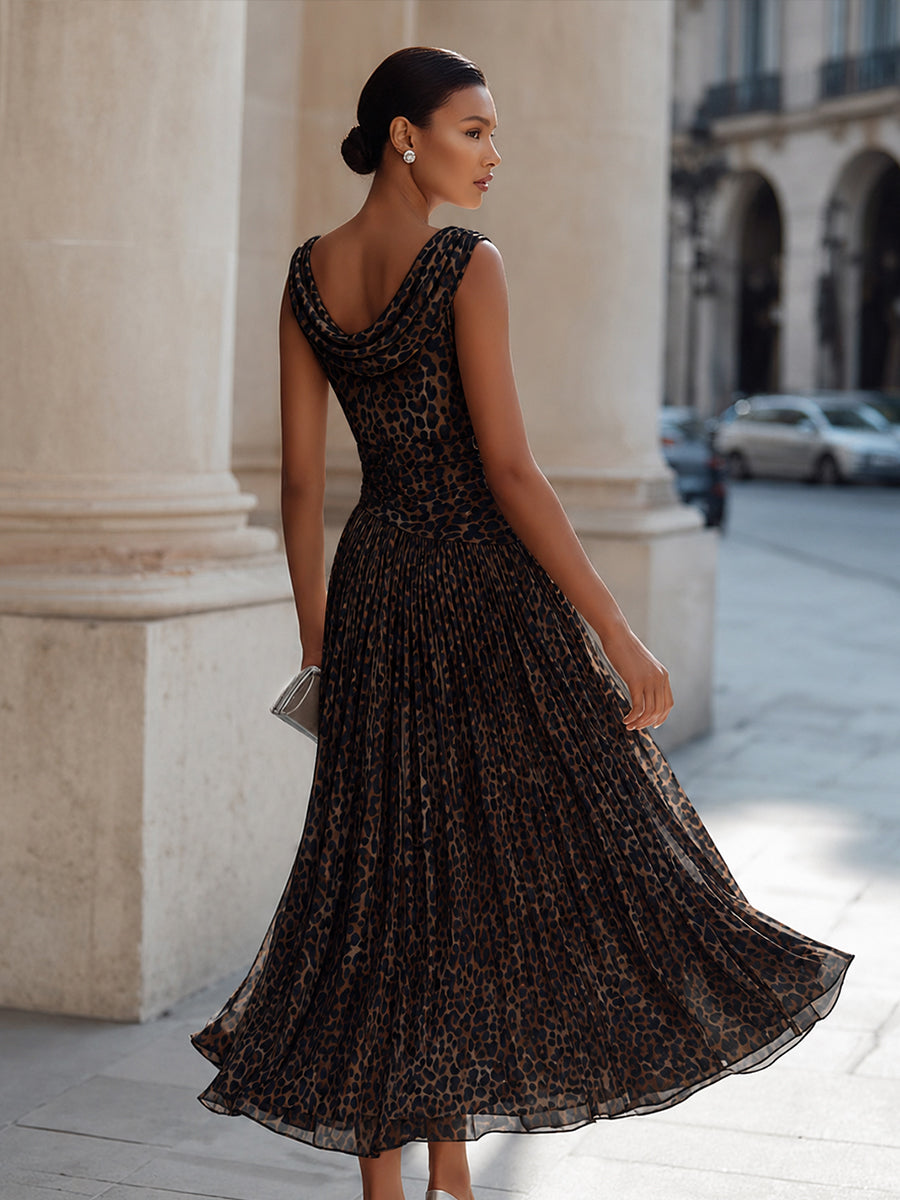 Cowl Neck Pleated Leopard-Print Maxi Dress