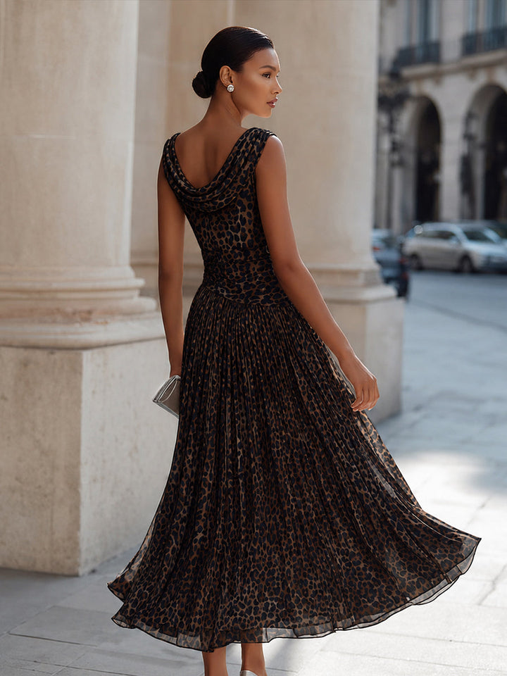 Cowl Neck Pleated Leopard-Print Maxi Dress