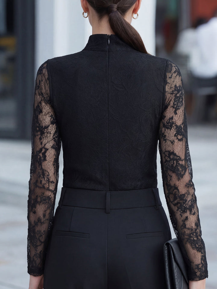Sheer Long-Sleeve Lace High-Neck Blouse