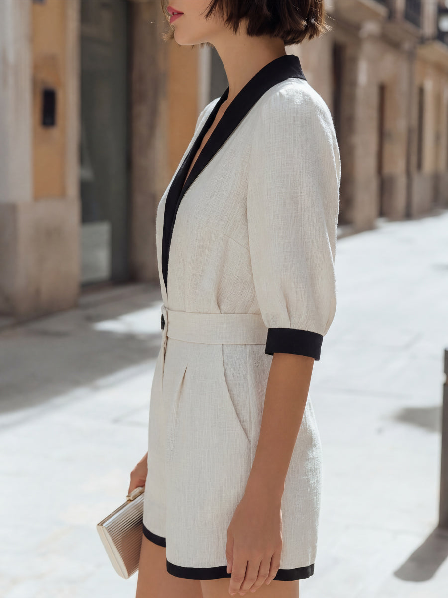 Contrast Collar Tailored Blouse And Shorts Set