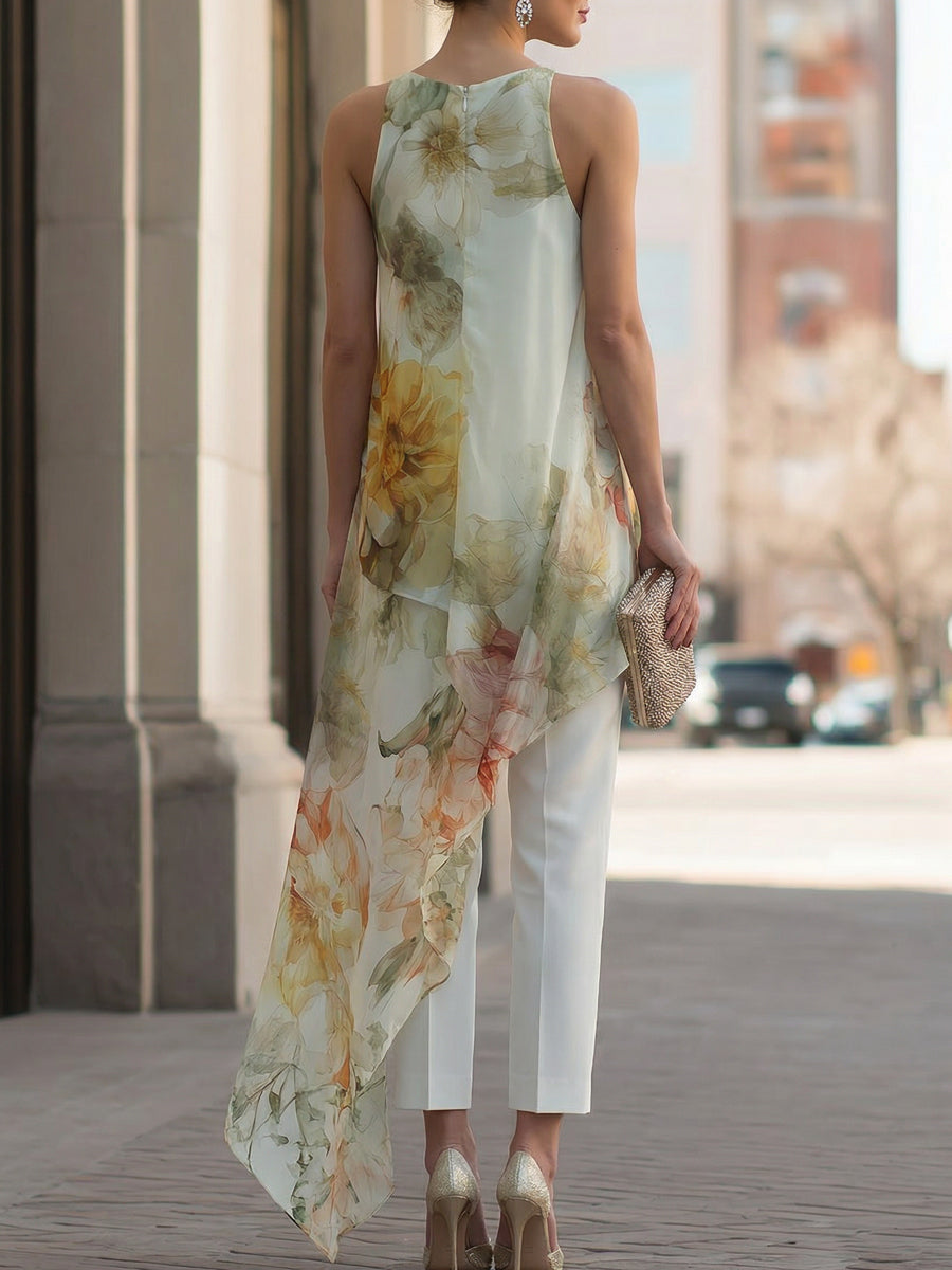 Sheer Floral Asymmetric Overlay Top & Tailored Pants Set