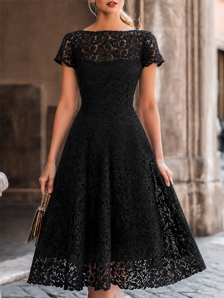 Elegant Floral Lace Boat Neck A-Line Midi Dress