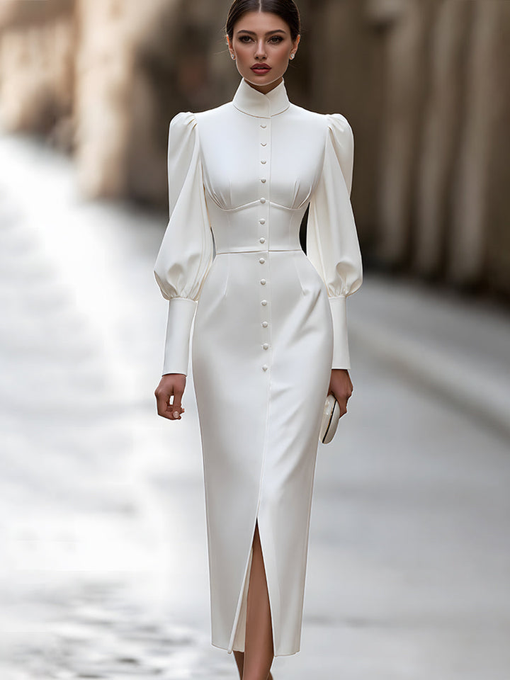High-Neck Puff-Sleeve Button-Front Midi Dress
