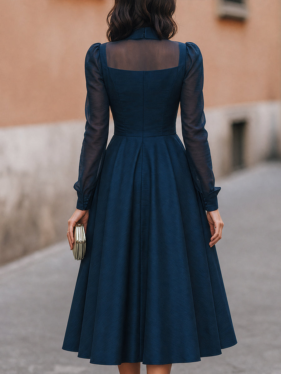 Navy Sheer-Yoke Long Sleeve A-Line Midi Dress