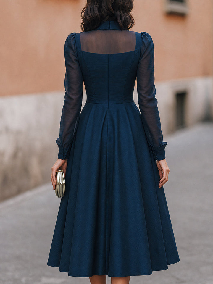 Navy Sheer-Yoke Long Sleeve A-Line Midi Dress