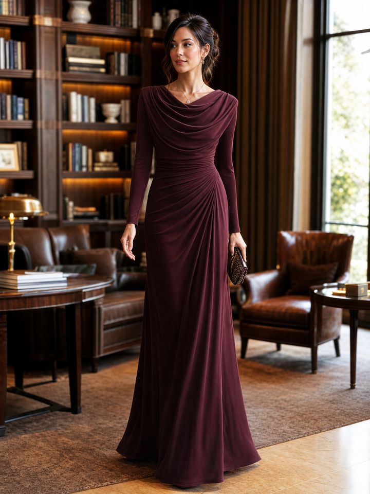Draped Cowl Neck Ruched Maxi Dress