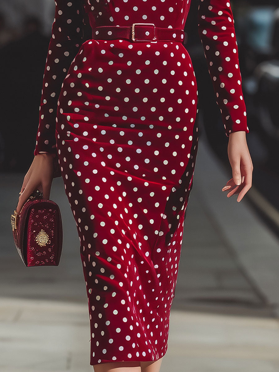 Vintage-Inspired Red Polka Dot Velvet Midi Dress