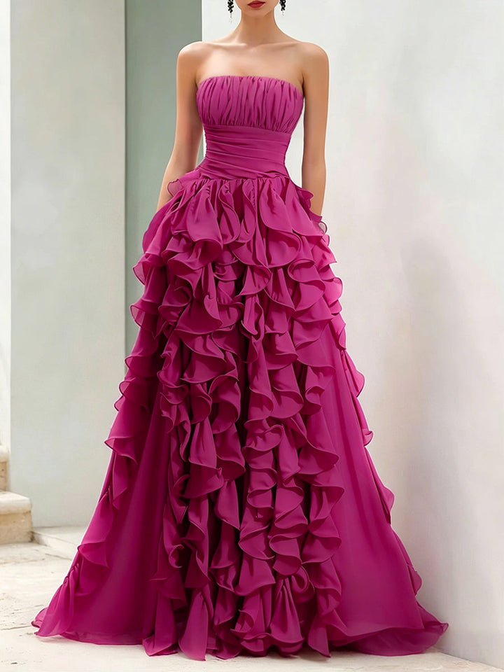 Strapless Magenta Ruffled Ball Gown